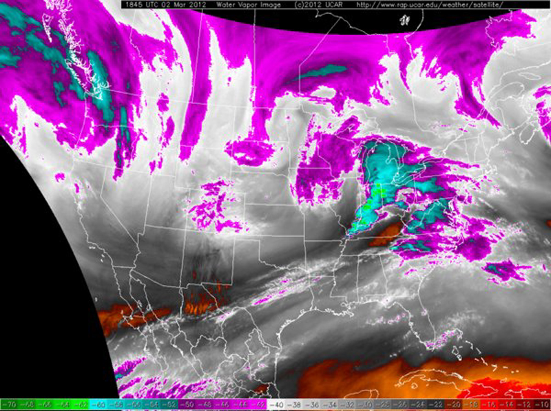 Thunderstorms on the Water Vapor Image - March 2012