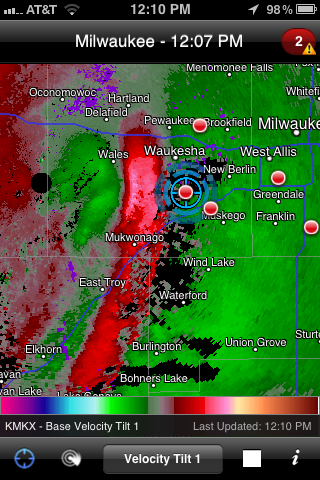 Radar Velocity shows strong winds crossing Waukesha County, Wisconsin - May 6, 2012