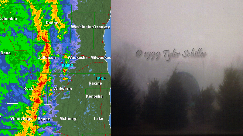 Storms approaching Milwaukee; trampoline flips due to strong winds.