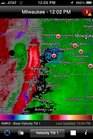 Radar Velocity shows strong winds crossing Waukesha County, Wisconsin - May 6, 2012